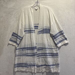 Pure Jill Linen Blend Duster Cardigan Knit Large Blue White Lagenlook Beach Boho